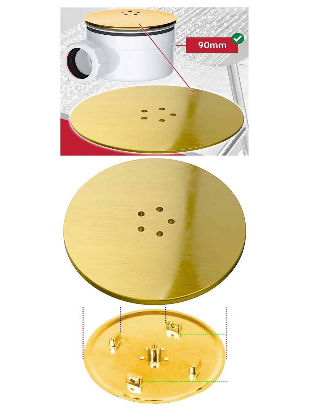 Luxury Brushed Brass 110mm Shower Trap Plug Cover with 90mm Tray