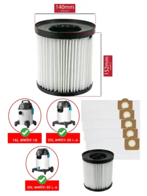 Mac Allister Vacuum Filter for MWDV16L/20L/30L + 5 Replacement Bags
