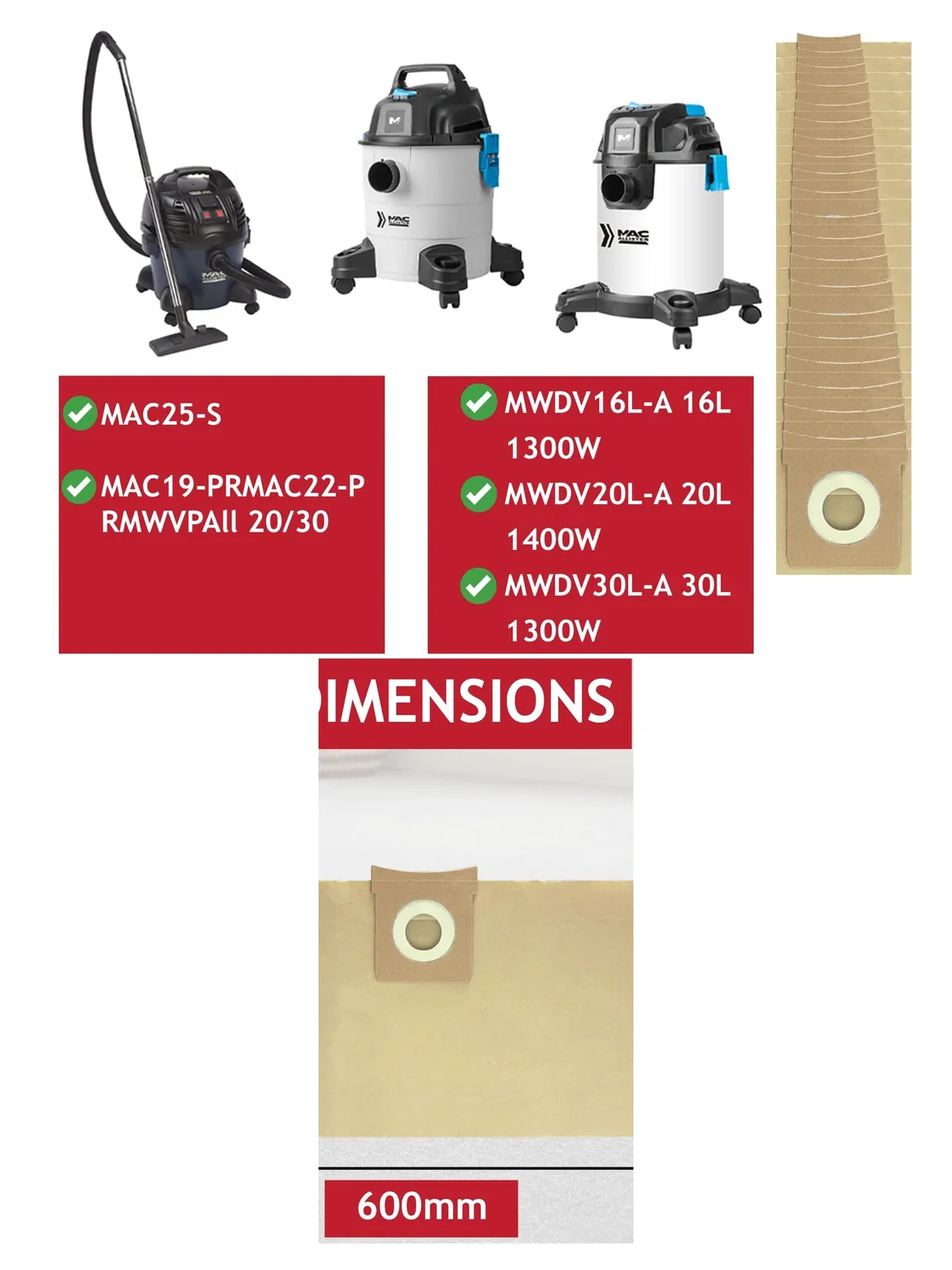 MacAllister Vacuum Dust Bag Fits MAC25-S MAC19-PR MAC22-PR 16/20/30L