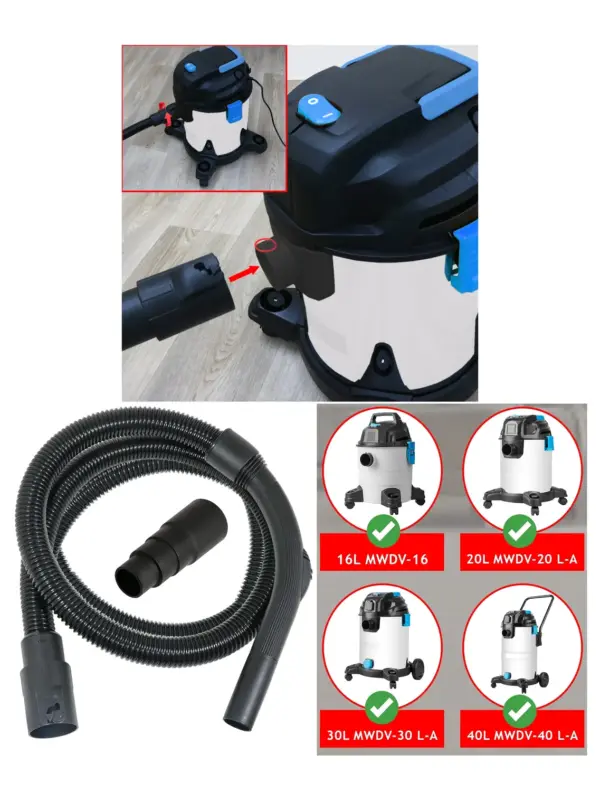 MacAllister Vacuum Hose 2m for MWDV-16/20/30/40 + Tool Adapter