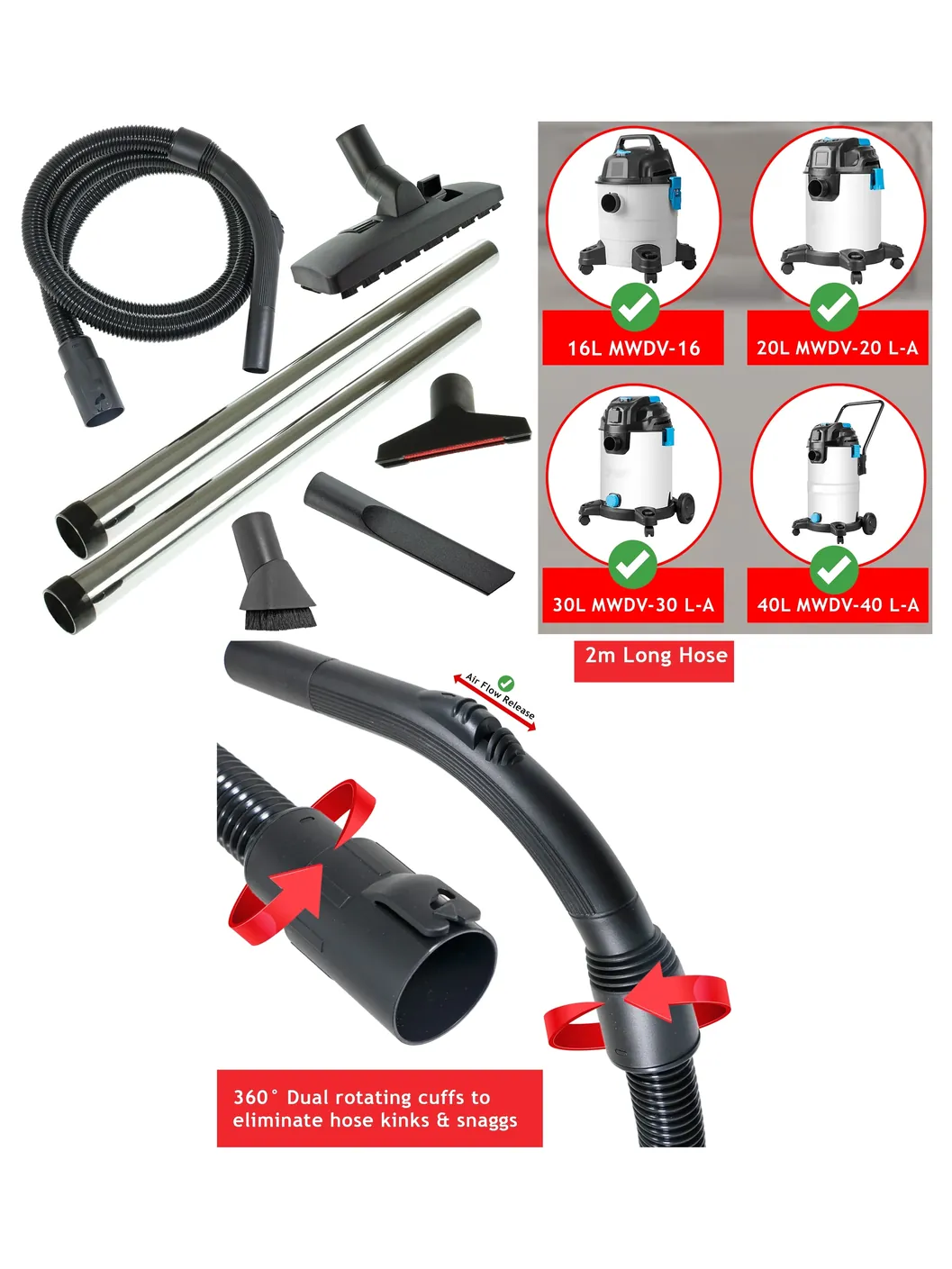 MacAllister Vacuum Hose Tool Kit & Rod Set for MWDV-16/20/30