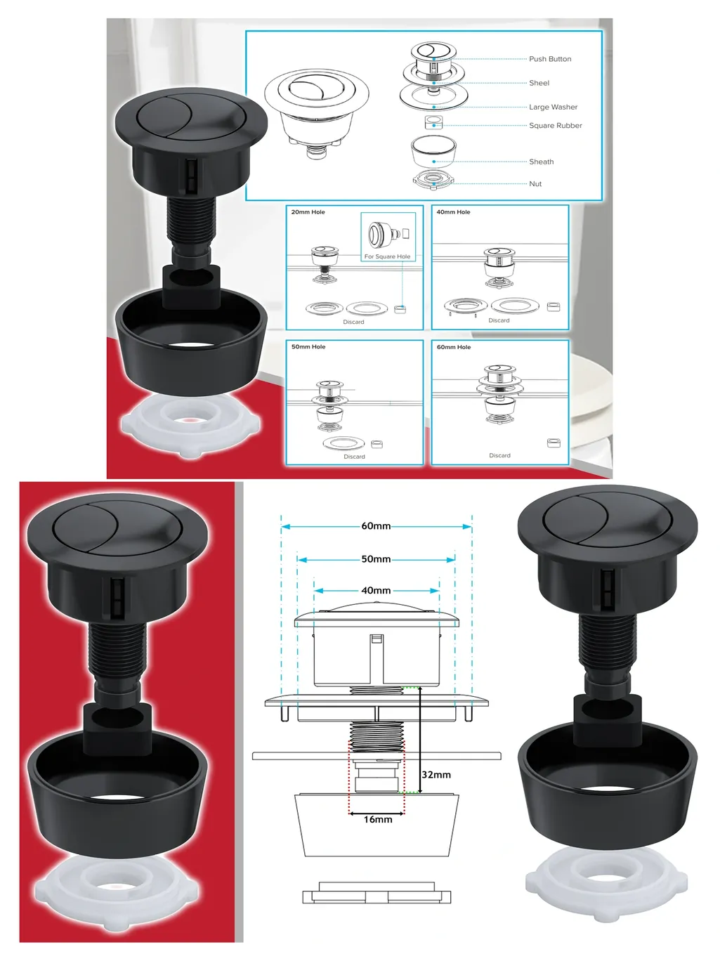 Matt Black Universal Dual-Flush Toilet Button Kit – Fits 20‑60mm Holes