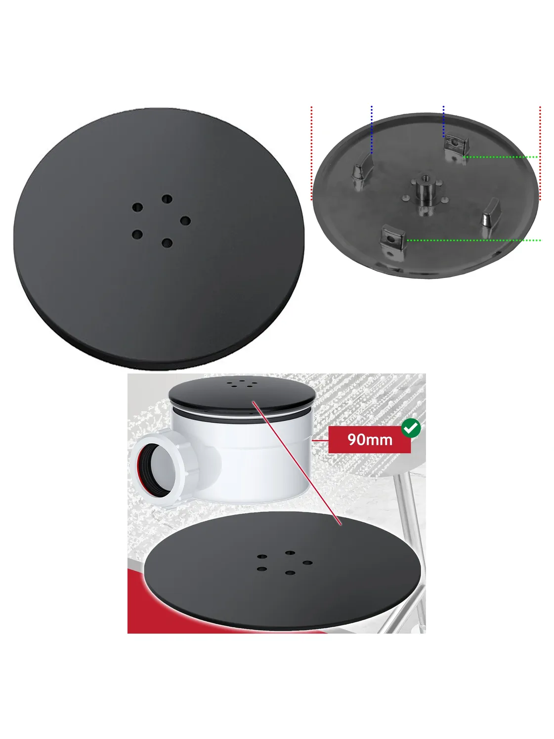 Matte Black 110mm Shower Trap Plug Cover with 90mm Drain Tray