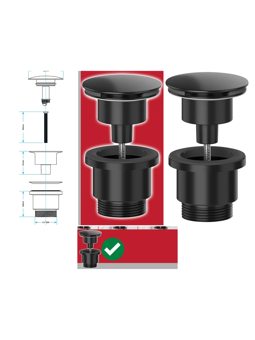 Matte Black 60mm Pop‑Up Sink Plug – Click‑Clack Push Dome Stopper