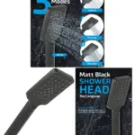 Matte Black Rectangular Shower Head – 1/2" Fit, 3 Spray Modes