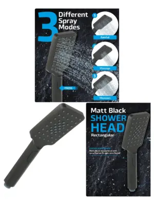 Matte Black Rectangular Shower Head – 1/2" Fit, 3 Spray Modes