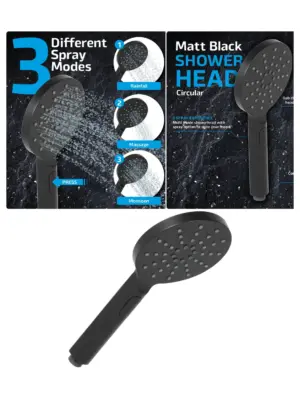 Matte Black Round Showerhead – 1/2" Large Size with 3 Spray Modes