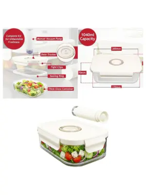 Medium 1.04L Vacuum Seal Glass Food Container with Clip Lid & Pump