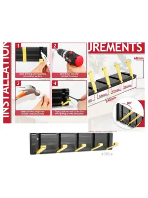 Modern Wall-Mount Coat Rack with 5 Aluminum Hooks – Black & Gold
