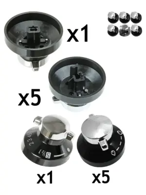 New World Gas Hob Oven Knob Set – Black & Silver, Pack of 6