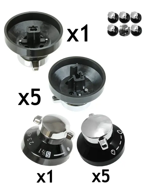 New World Gas Hob Oven Knob Set – Black & Silver, Pack of 6