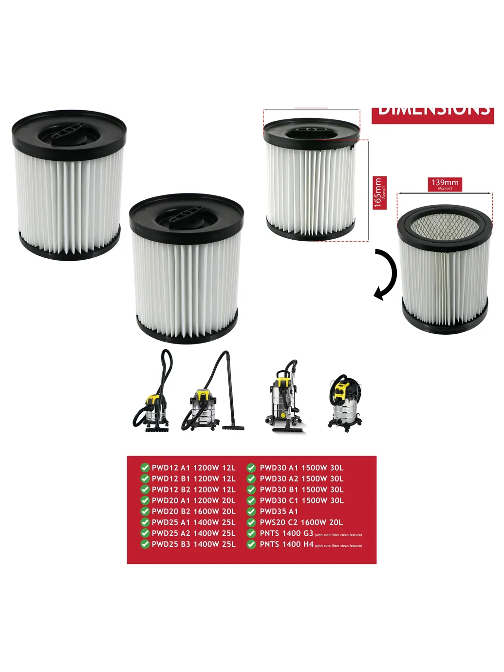 Parkside Lidl Vacuum Filter 2-Pack for PWD12/20/25/30 PNTS1400