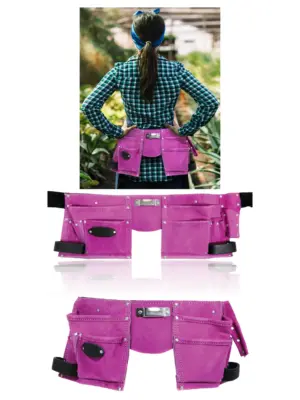 Pink Leather Gardening Tool Belt - 11 Pockets & Adjustable Suede Strap