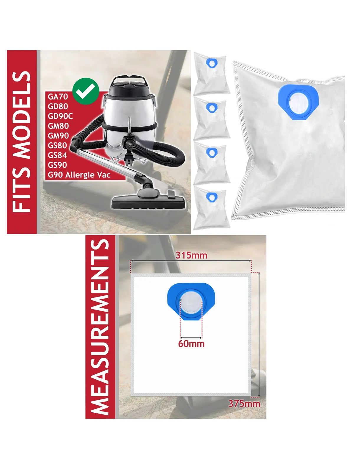 Replacement Microfibre Dust Bags for Nilfisk GA70‑GD90C Vacuums – 5 Pack