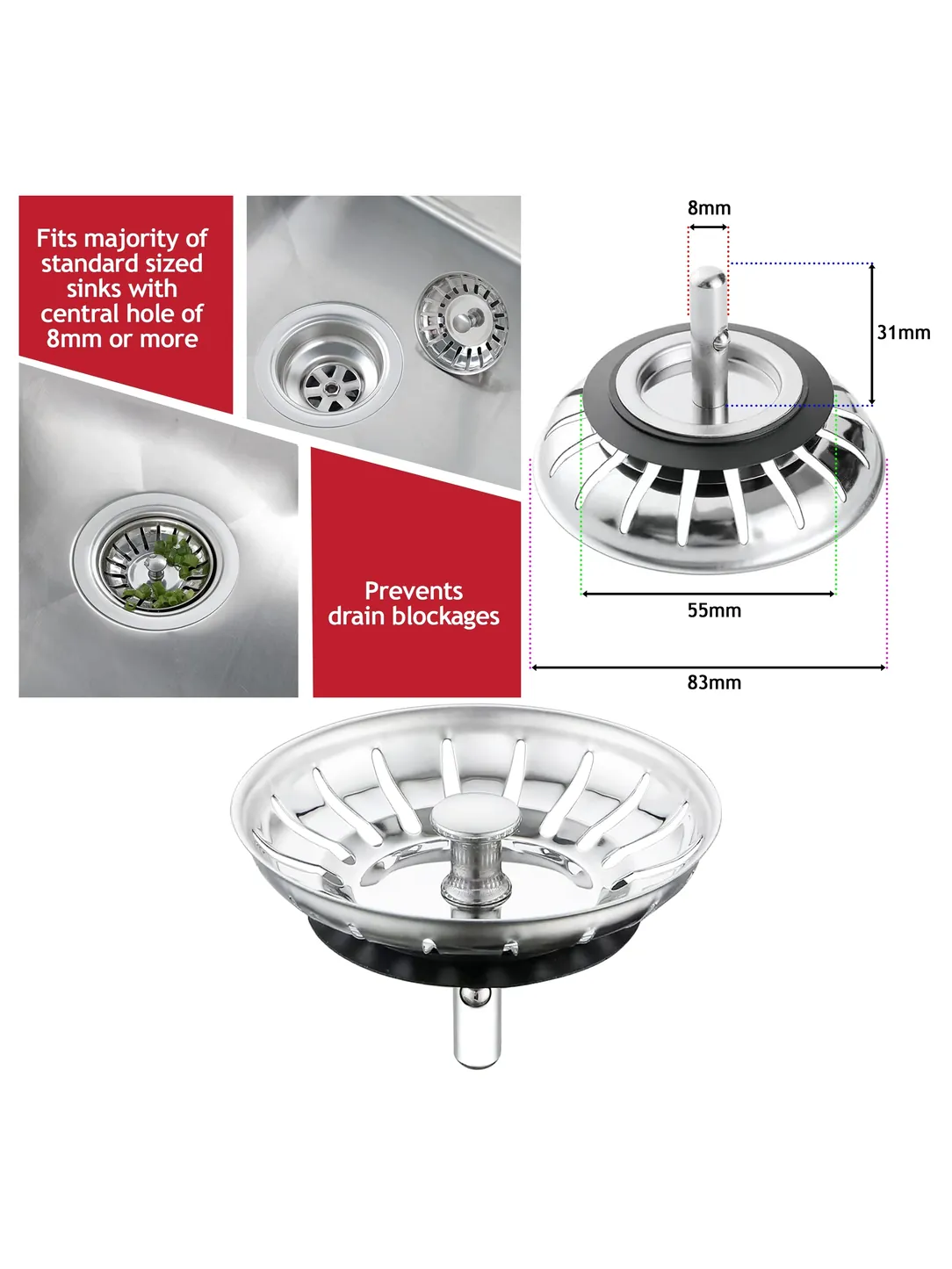 Rubber Kitchen Sink Drain Strainer with Basket Filter & Plug Stopper