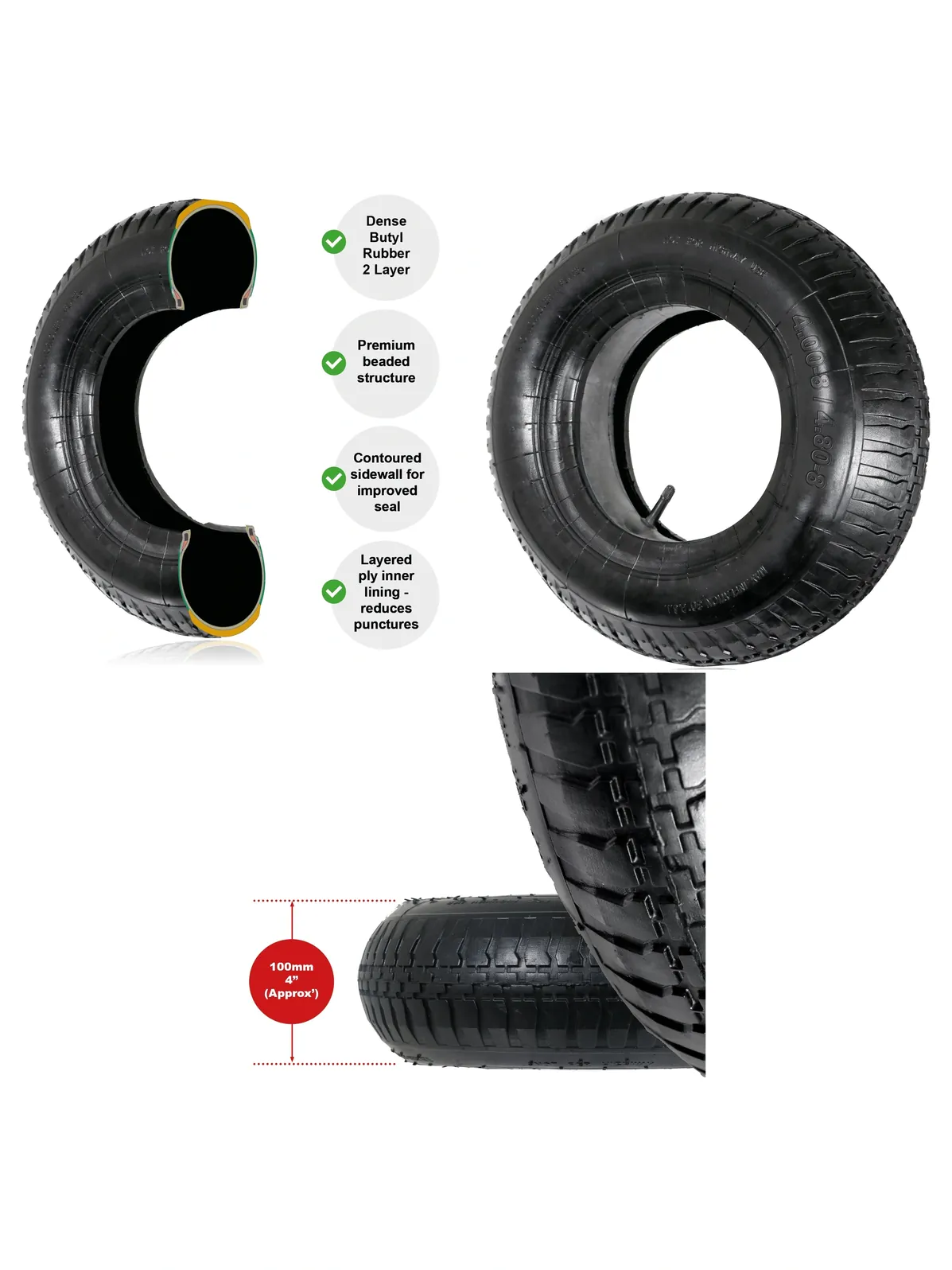 Rubber Wheelbarrow Inner Tube 4.0-8" / 4.8-8" Replacement Tire