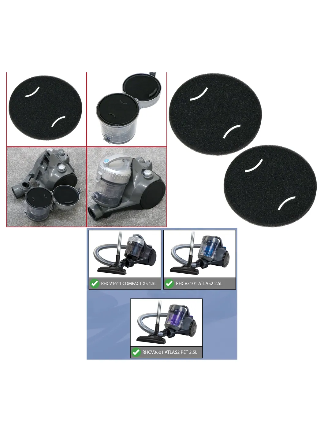 Russell Hobbs Foam Filter 2‑Pack Fits RHCV1611, RHCV3101 & RHCV3601