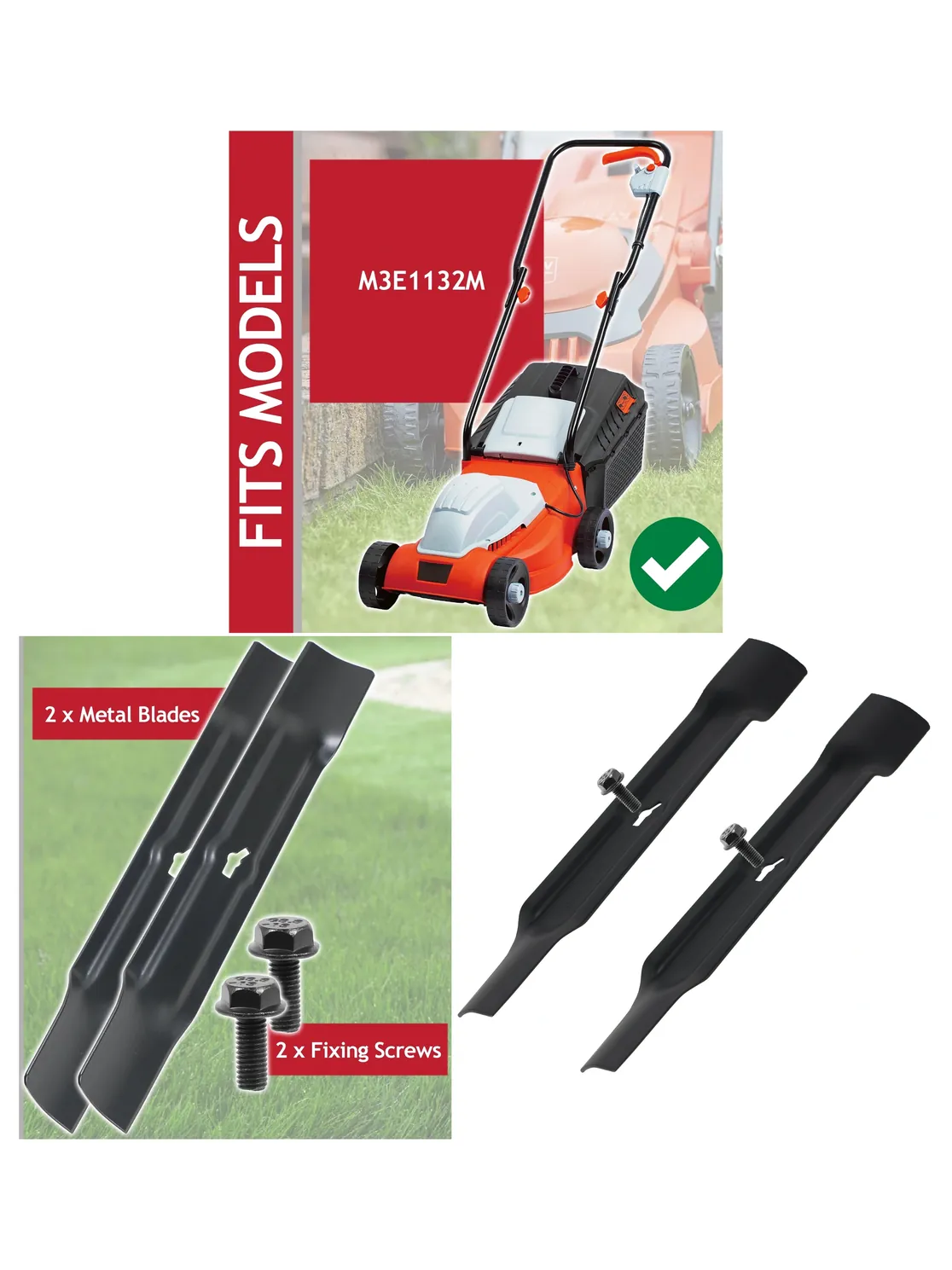 Ryno M3E1132M 32cm Metal Lawn Mower Blade Set – 2 Cutters & Screws