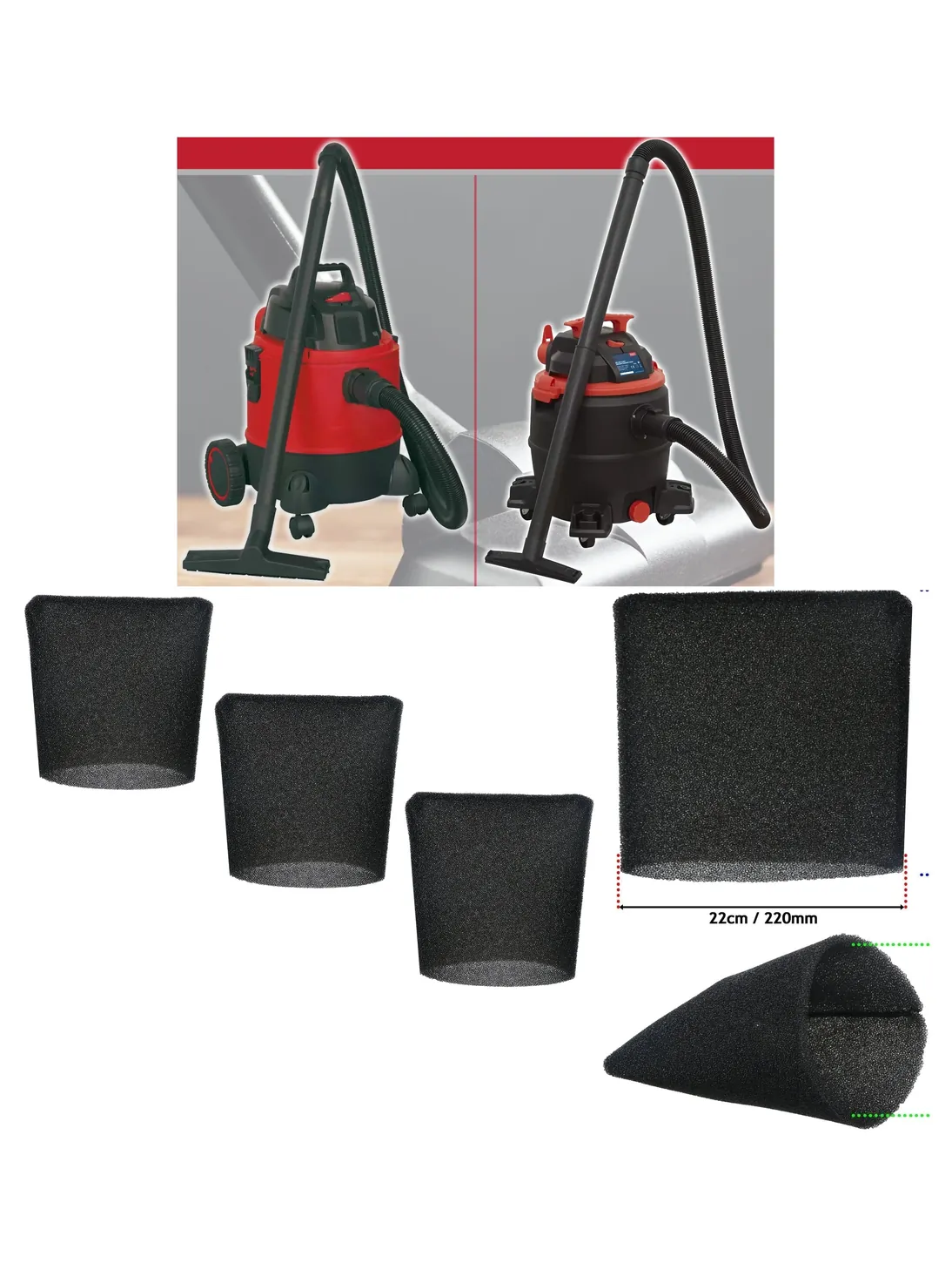 Sealey Foam Filter Sleeve 22cm for PC200/PC300 Wet‑Dry Vac – 3 Pack