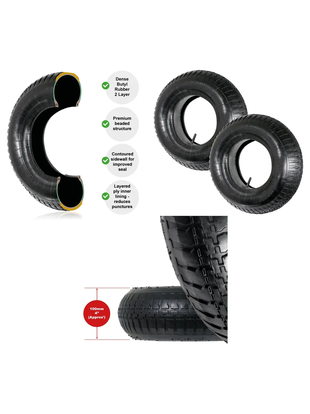 Set of 2 Rubber Wheelbarrow Inner Tubes 4.00-8 & 4.80-8