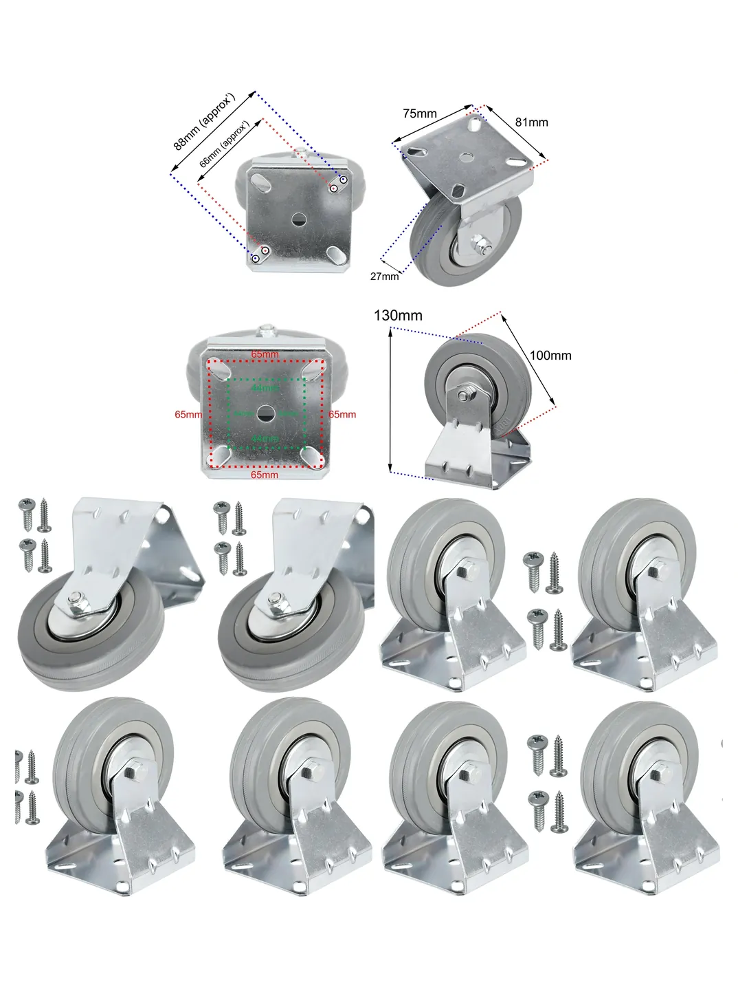Set of 4 100mm Fixed-Plate Caster Wheels for Cabinets with Screws
