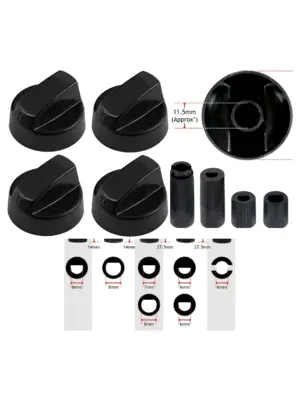 Set of 4 Black Universal Oven & Hob Control Knobs with Adaptors