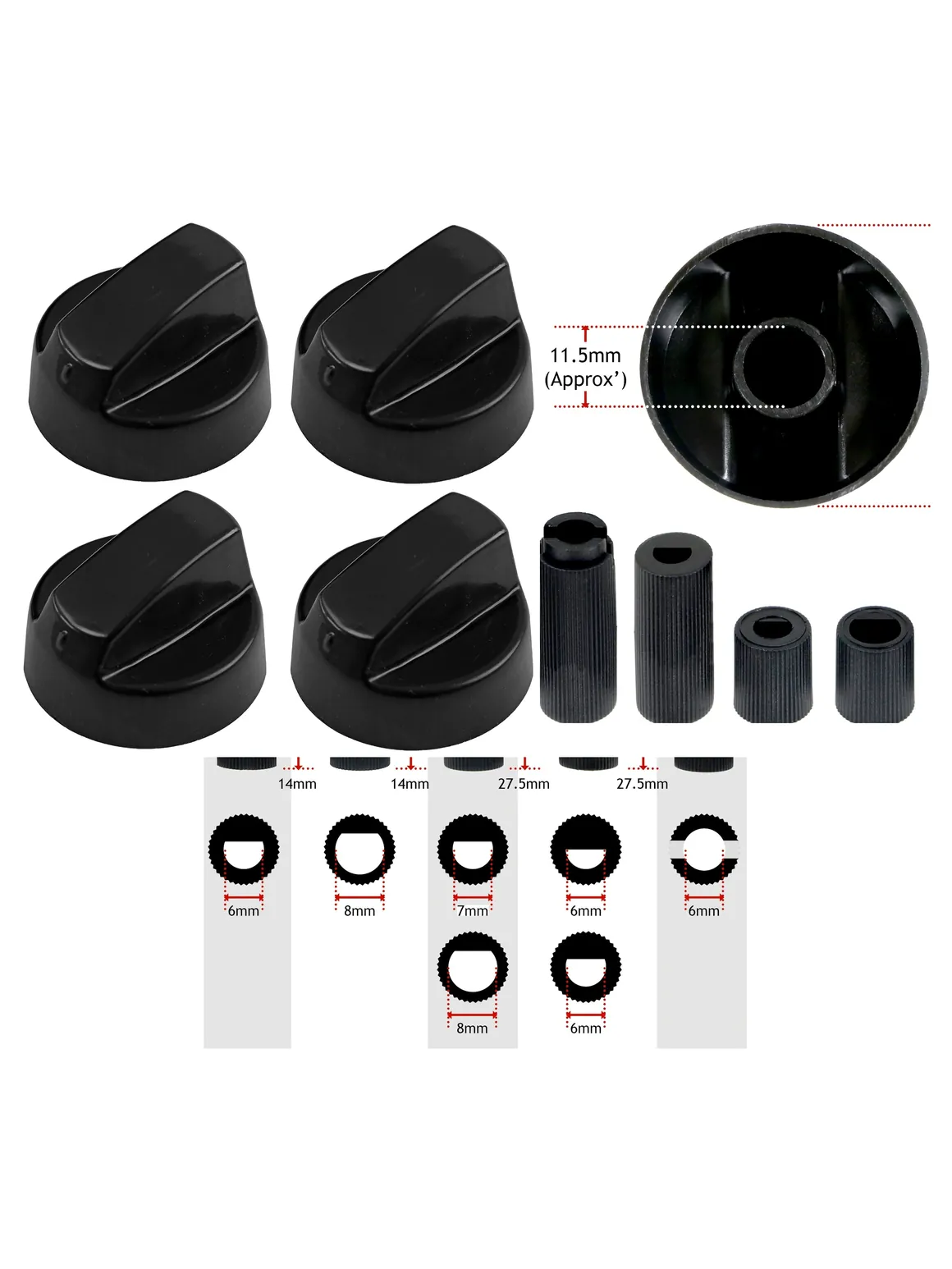 Set of 4 Black Universal Oven & Hob Control Knobs with Adaptors