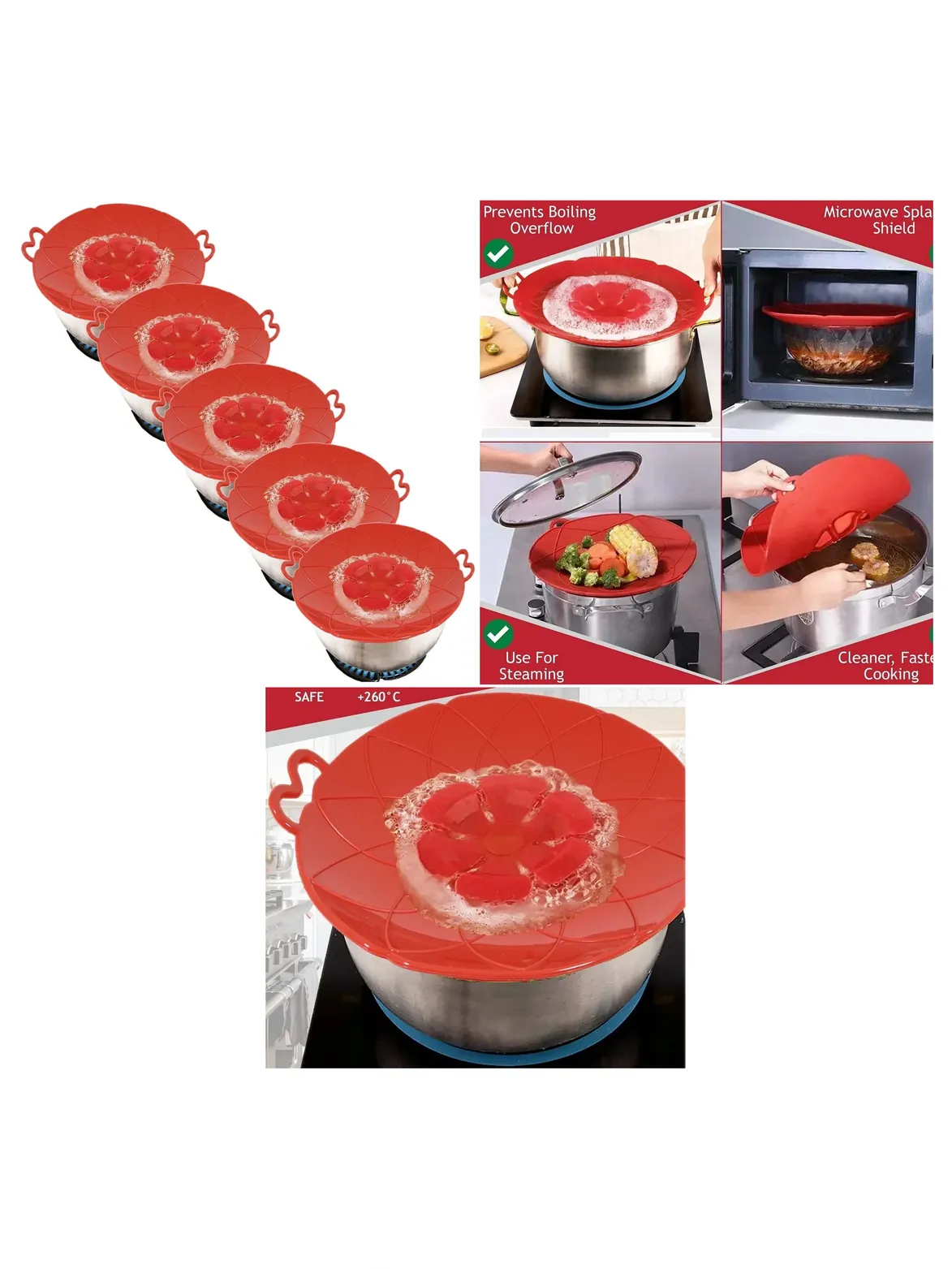 Silicone Spill‑Stop Lid Set – 5 Anti‑Boil Covers for Pots & Saucepans