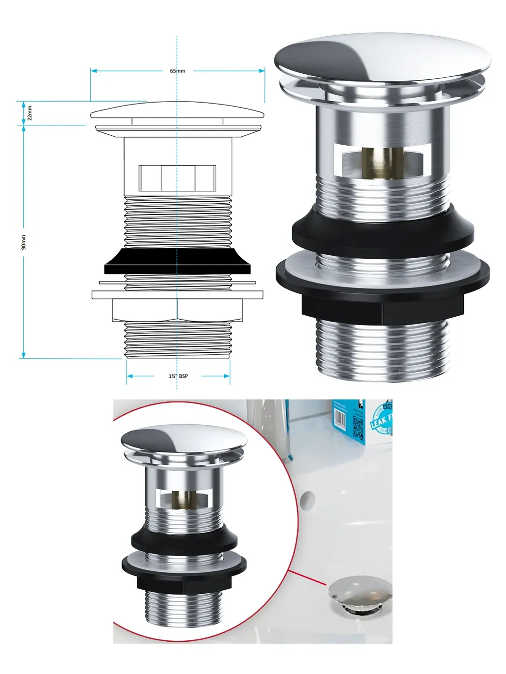 Silver 1-1/4" Round Clicker Sink Plug with Overflow Slot