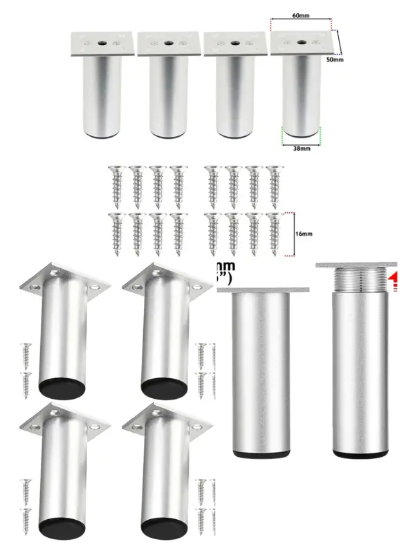 Silver Adjustable Riser Legs 4.5" Height for Wardrobe/Table – Set of 4