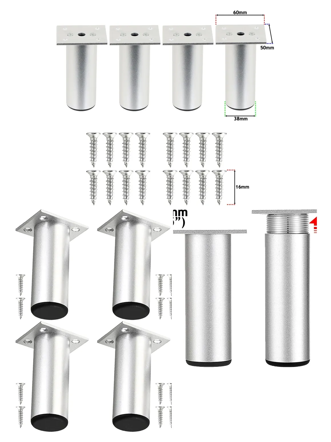Silver Adjustable Riser Legs 4.5" Height for Wardrobe/Table – Set of 4