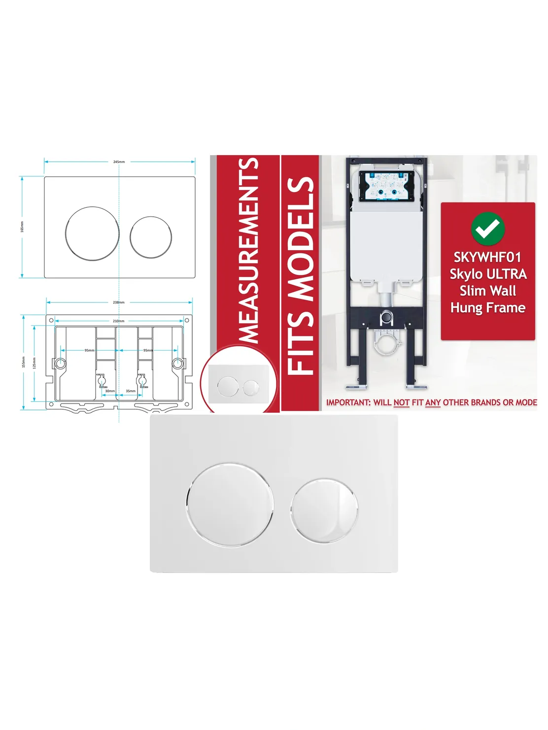 Skylo Concealed Toilet Flush Plate Kit - Gloss White 245x165 mm