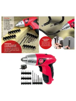 SPARES2GO Cordless 4.8V Screwdriver-Drill Combo, Bit Set & Flex Ext