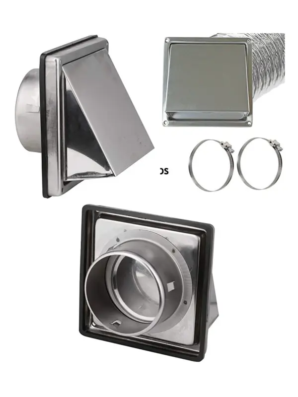 Stainless Steel 100mm Square Hood Vent with 5m Aluminum Hose & 2 Clips