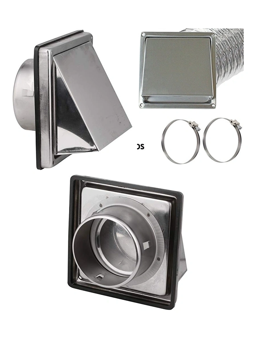 Stainless Steel 100mm Square Hood Vent with 5m Aluminum Hose & 2 Clips
