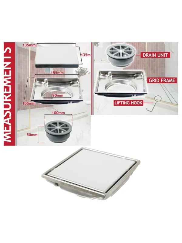 Stainless Steel Square Shower Drain Grate – Chrome Tile Insert 155mm