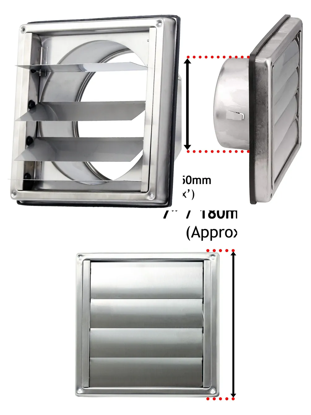 Stainless Steel Square Wall Exhaust Vent with Gravity Flap 150mm 6mm