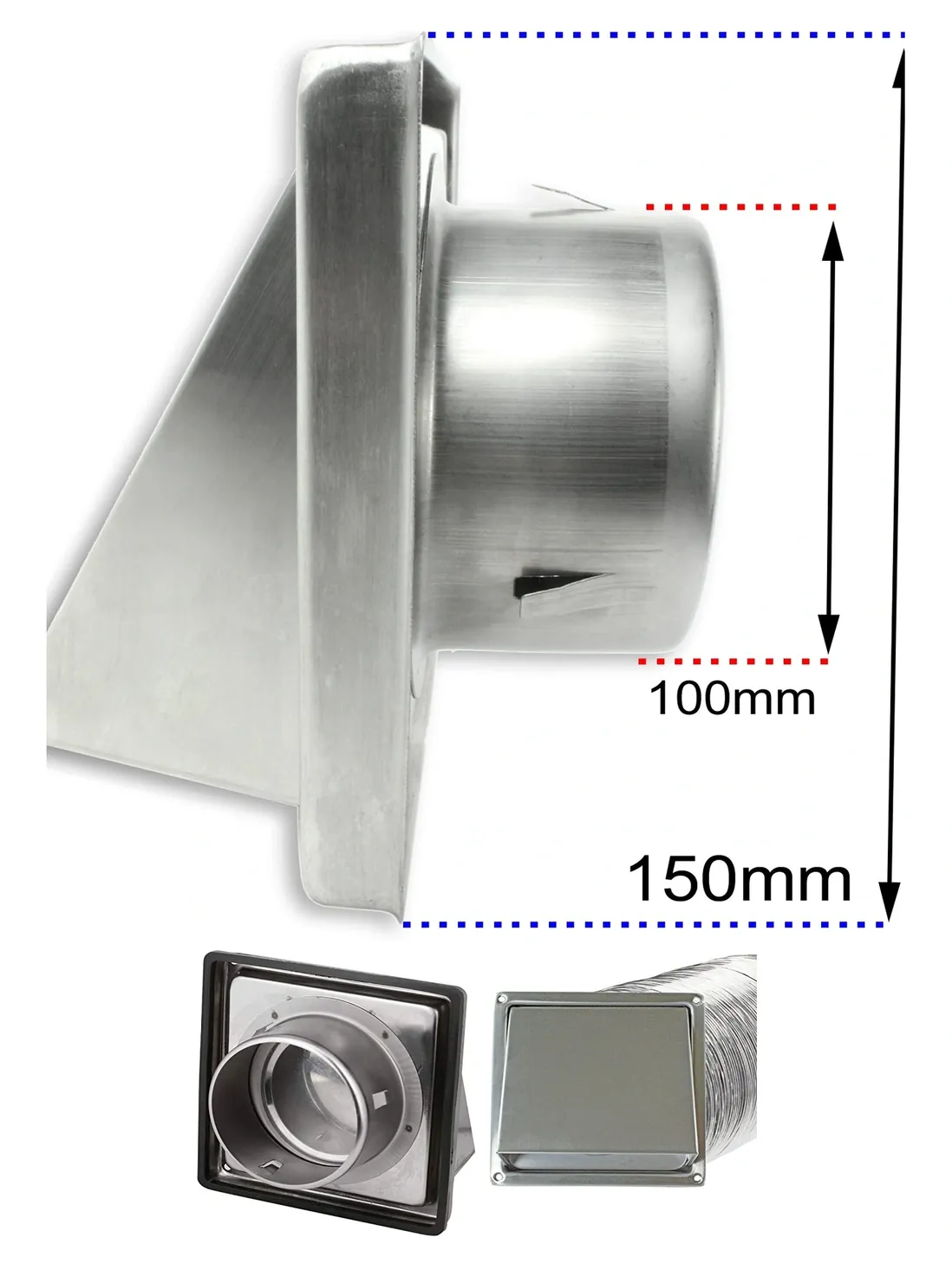 Stainless Steel Square Wall Vent Cowl 100mm with 4m & 5m Aluminum Duct