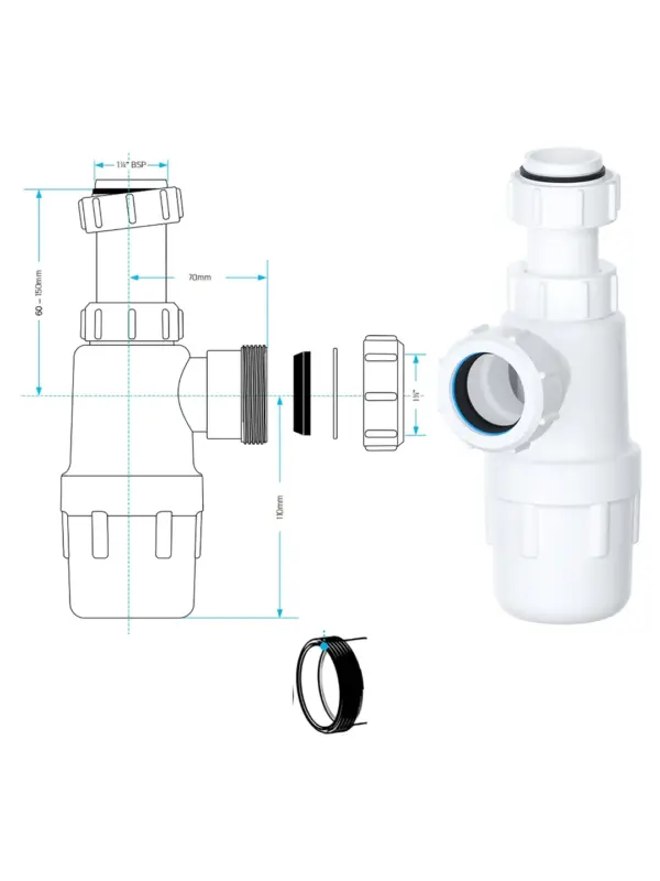 Telescopic Waste Bottle Trap 32mm 1.25in basin for bathroom and kitchen