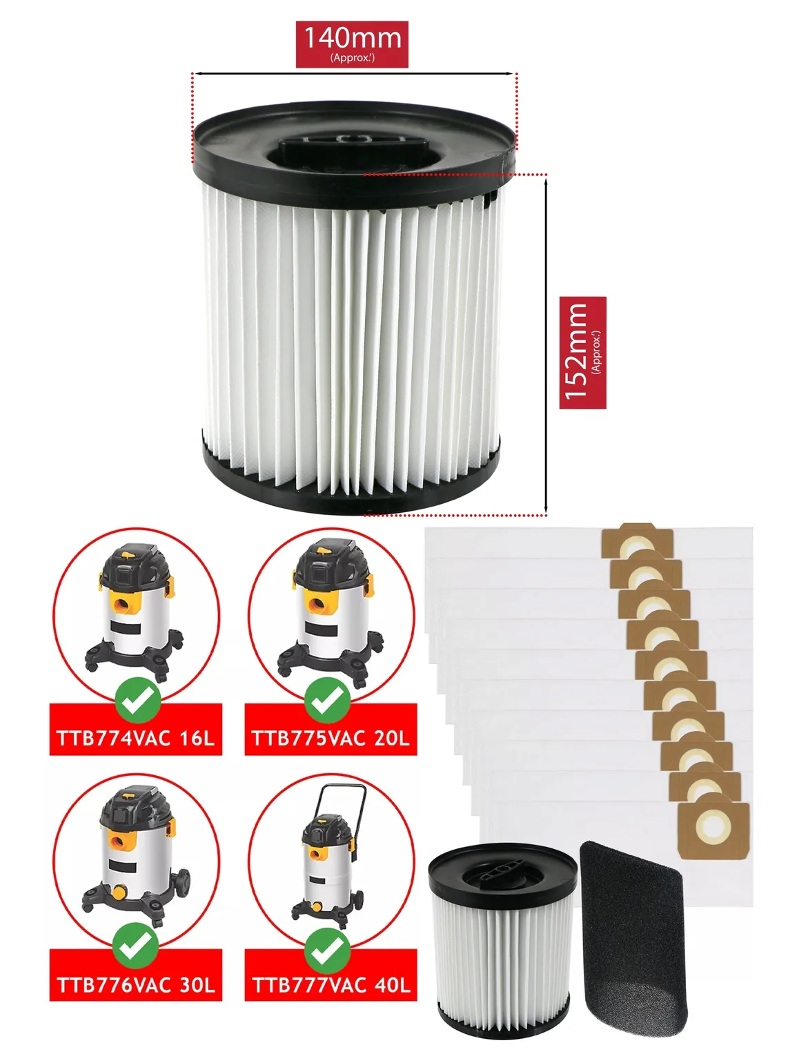 Titan TTB774/775/776/777 Vacuum Filter Sleeve + 10 Bags