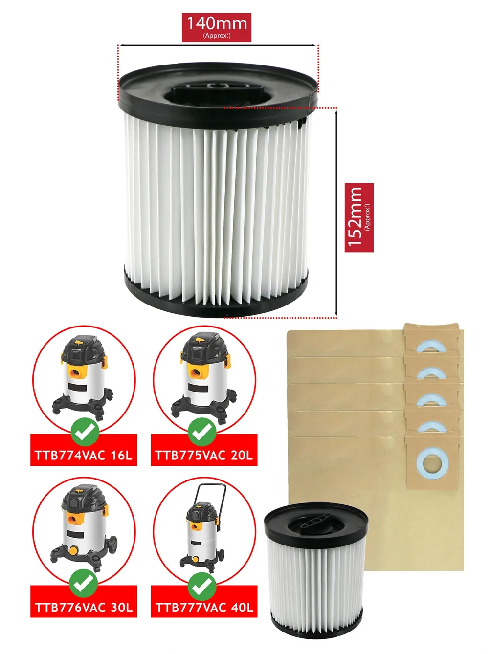 Titan TTB774‑777 Vacuum Filter Replacement – Fits 16‑40L + 5 Bags