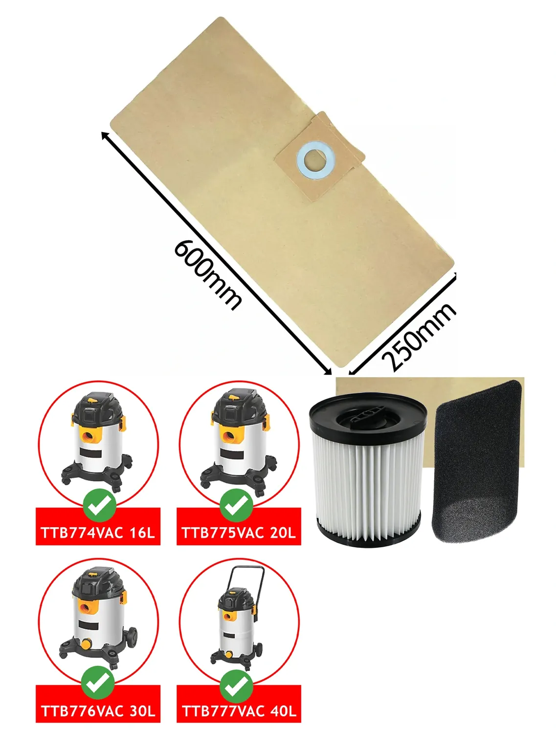 Titan TTB774‑777 Vacuum Filter Sleeve with 5 Replacement Bags
