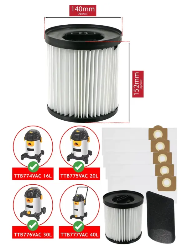 Titan TTB774‑777VAC Vacuum Filter Sleeve 16‑40L + 5 SMS Bags