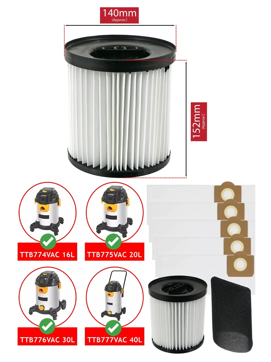 Titan TTB774‑777VAC Vacuum Filter Sleeve 16‑40L + 5 SMS Bags