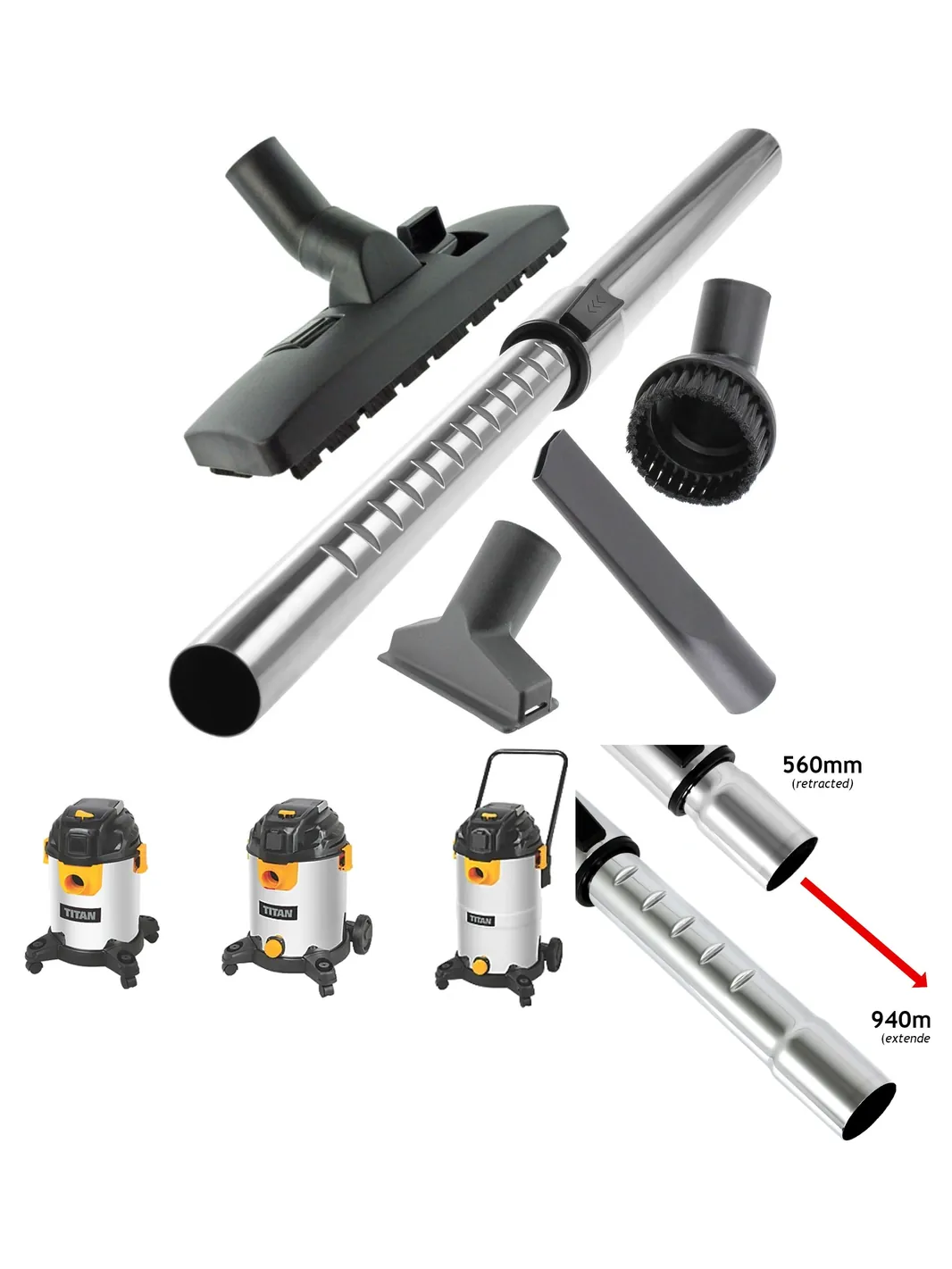 Titan Vacuum Brush Rod Kit – Fits TTB775/776/777, 20‑40L, 35mm