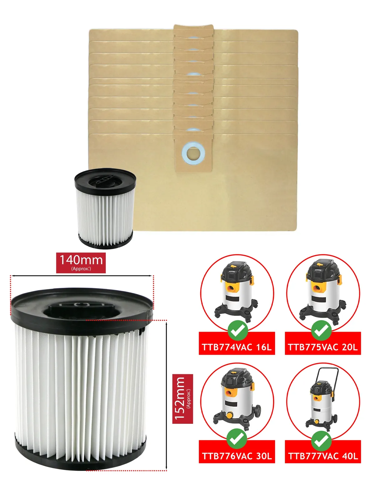 Titan Vacuum Cleaner Filter for TTB774/775/776/777 – 16-40L +10 Bags