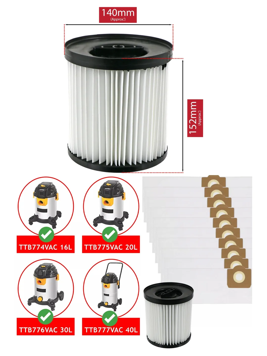 Titan Vacuum Filter for TTB774-777VAC (16-40L) + 10 SMS Bags