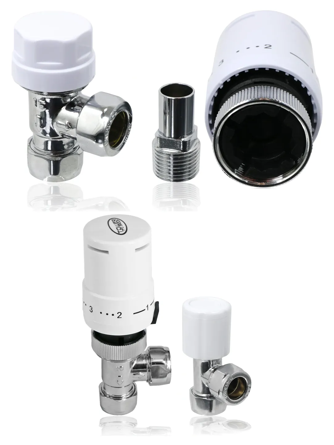 TOWER White Angled TRV Thermostatic Radiator Valve Set with Lockshield 10‑15 mm