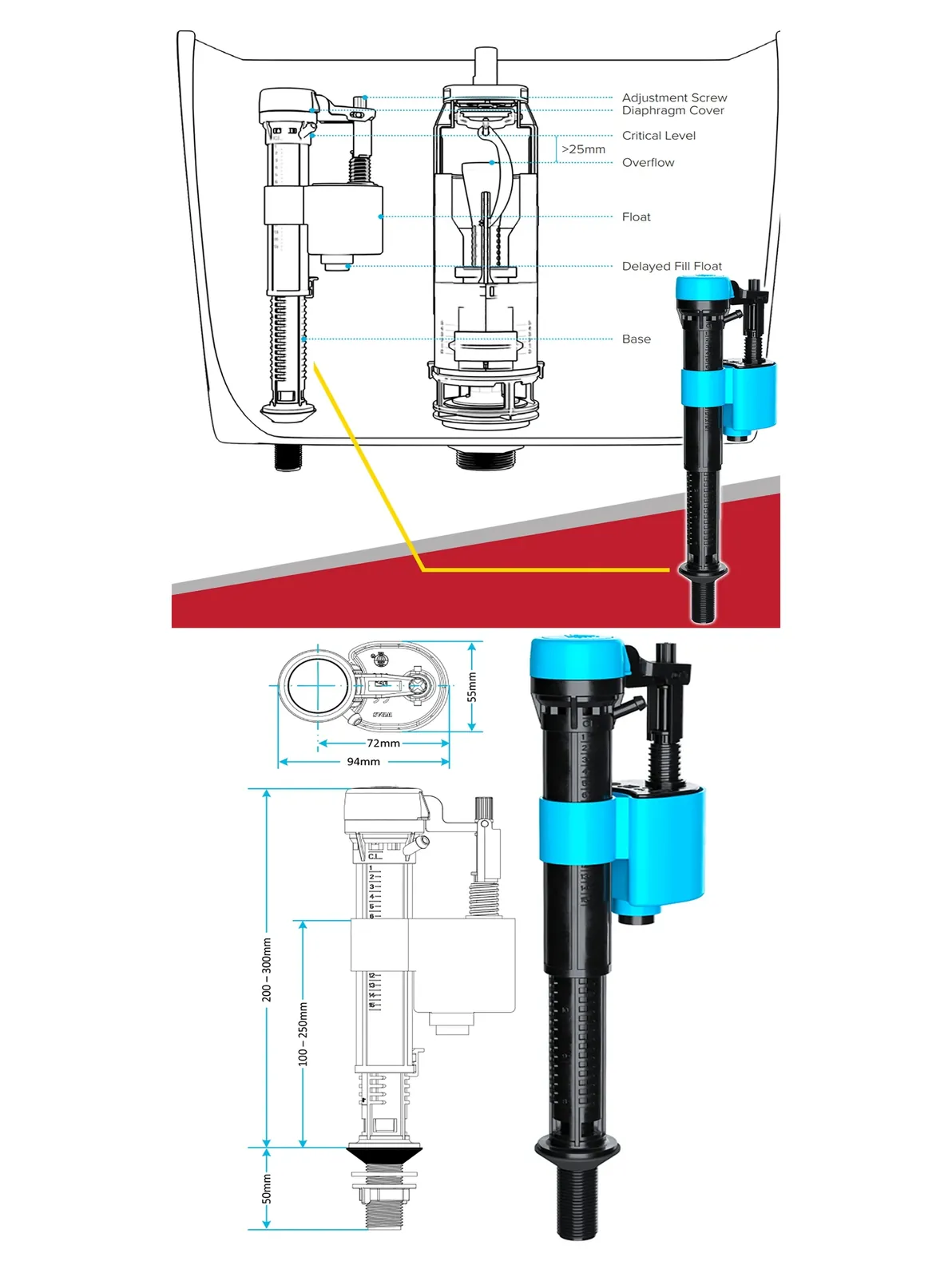 Universal 1/2" BSP Toilet Fill Valve Adjustable Float Bottom Entry