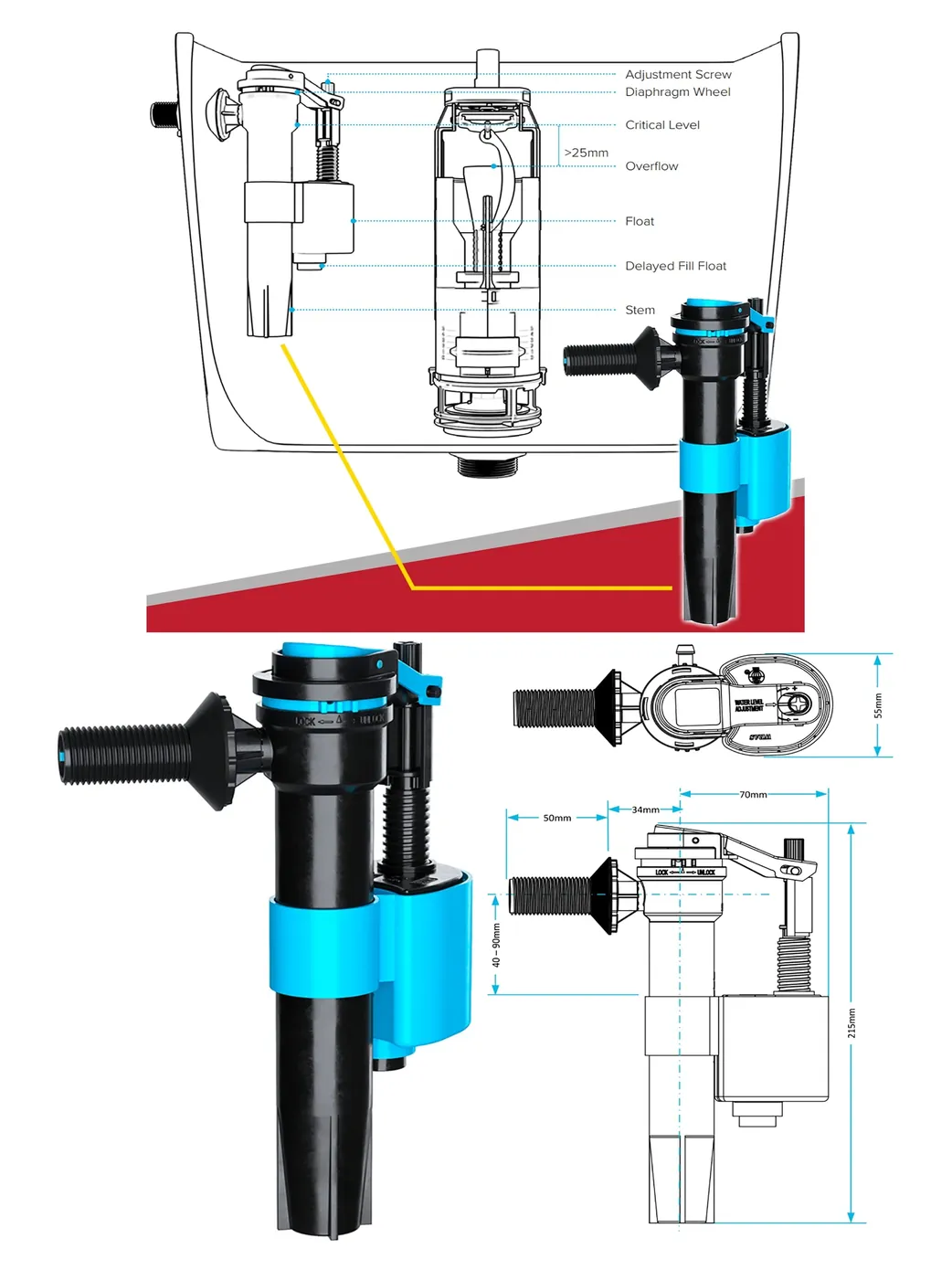 Universal 1/2" BSP Toilet Fill Valve with Adjustable Float Side Inlet